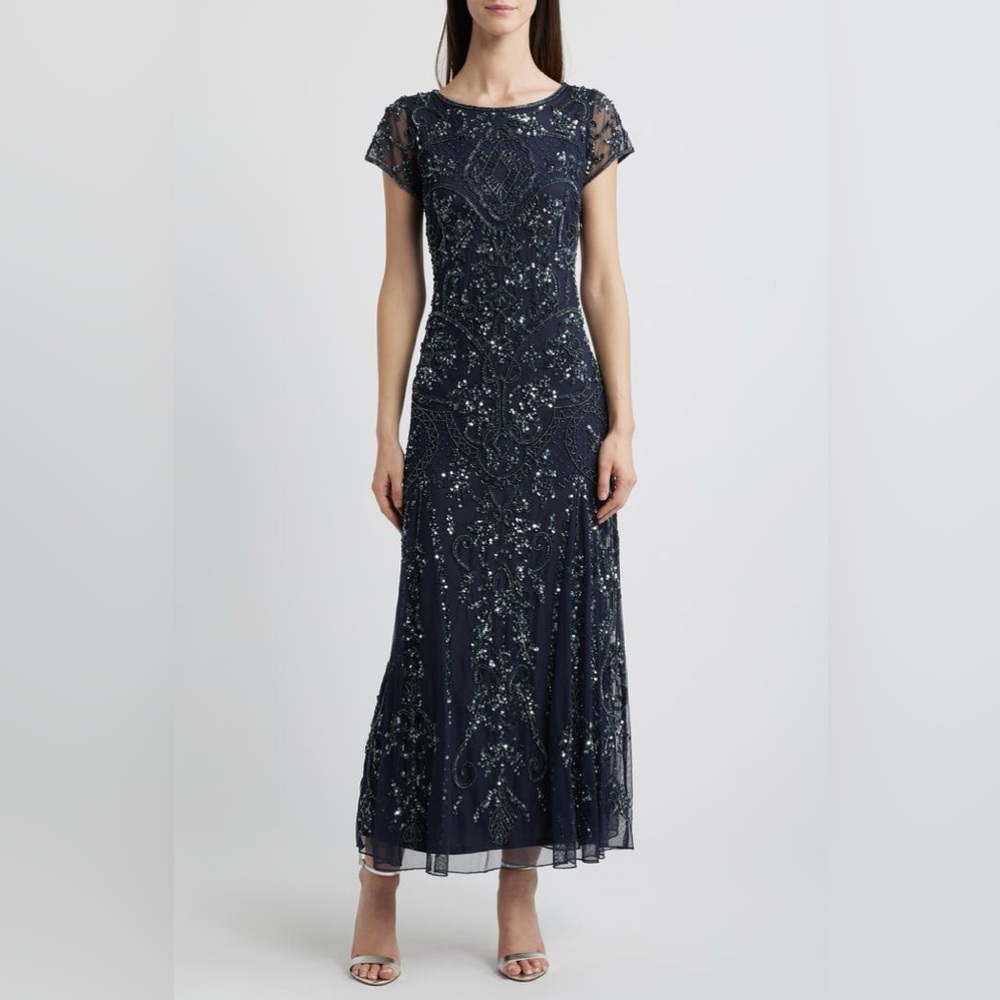 PISARRO NIGHTS Beaded Mesh Midi Cocktail Dress ❤️NWT❤️IN STORES❤️